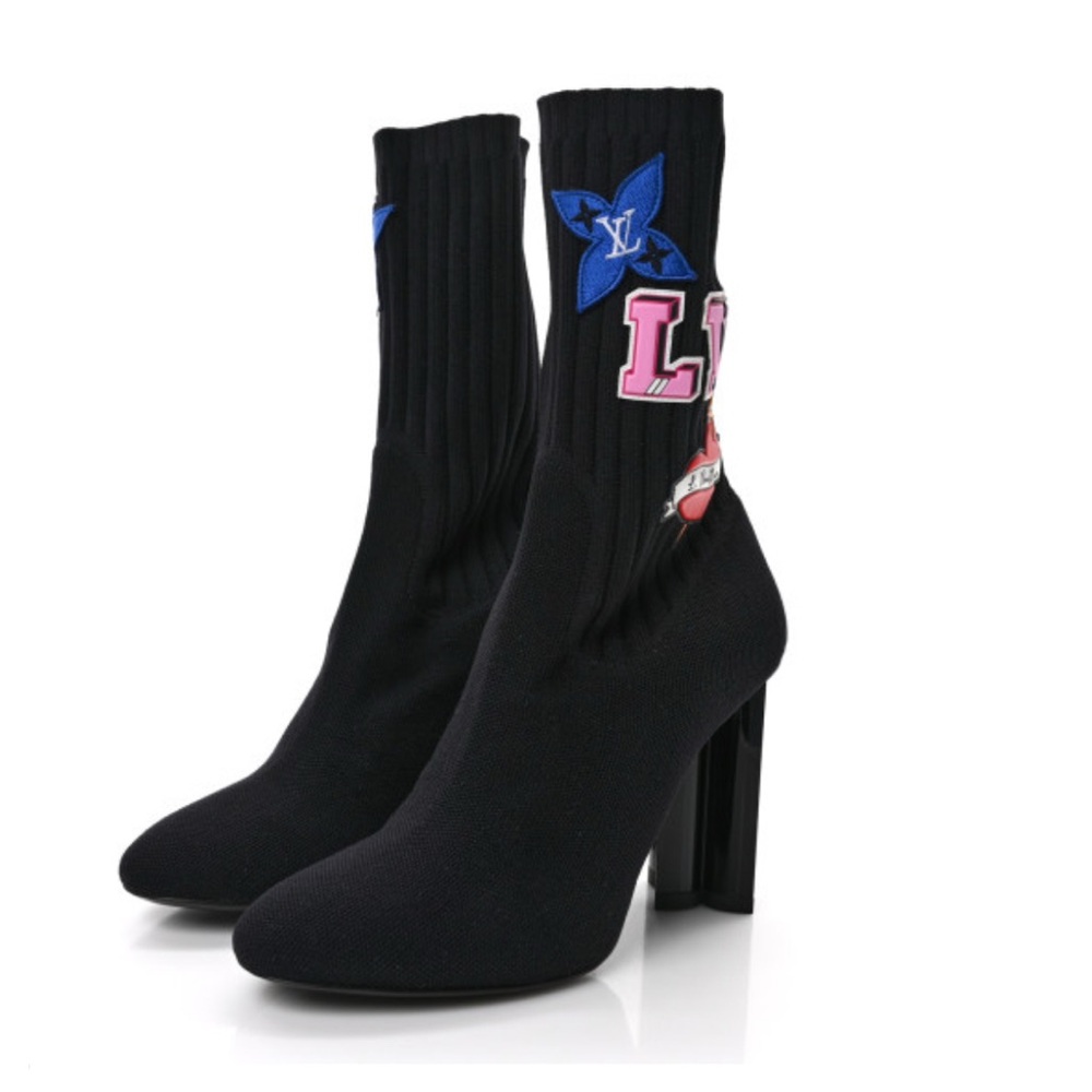 Louis Vuitton Stretch Fabric LV Black Heart Sock Ankle Boots 38 Black